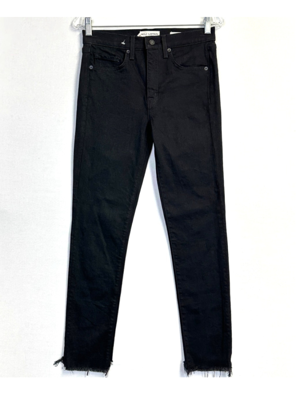 Nili Lotan High Rise Skinny Jeans Black Frayed Hem Women's Size 27